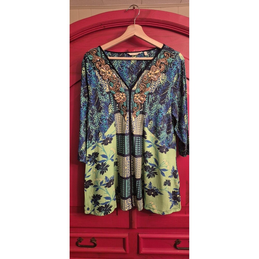Soft Surroundings PXL Marilla Tunic Top Boho Beaded Embroidered Floral EUC